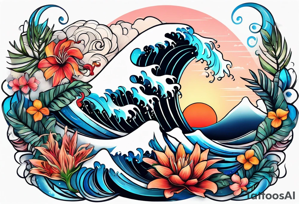 sea,, night, flower, palm, tattoo idea