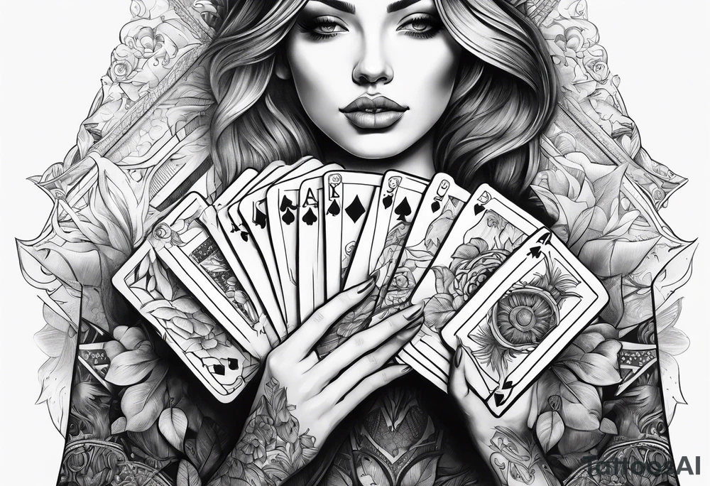 raised woman hand holding cards tattoo idea