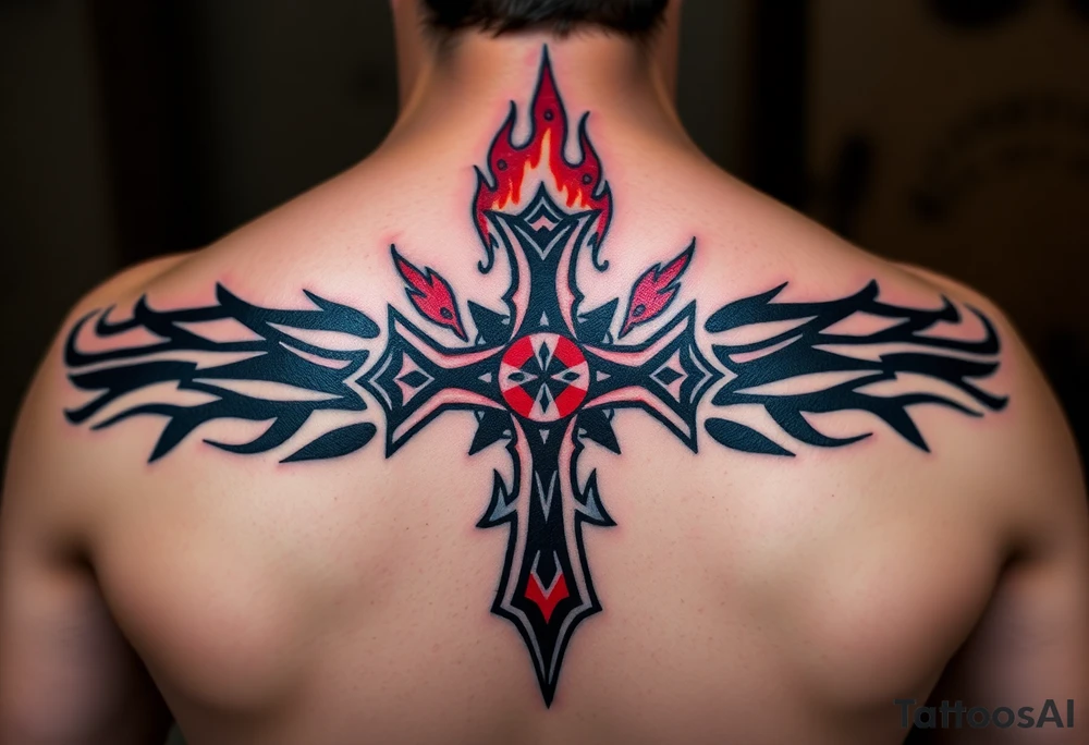 A flaming red and black Templar cross, surrounded by burning embers tattoo idea