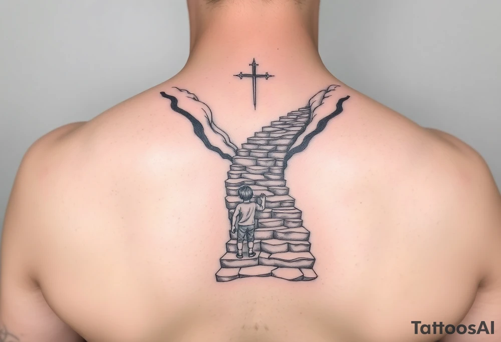 tattoo of a stairway to heaven with a little boy about to take the first step tattoo idea