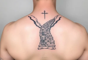 tattoo of a stairway to heaven with a little boy about to take the first step tattoo idea