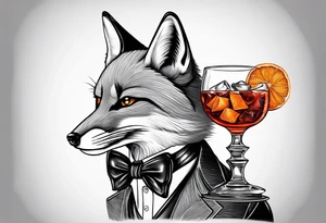 Grey fox with Negroni in short lowball cocktail glass with ice and orange peel tattoo idea