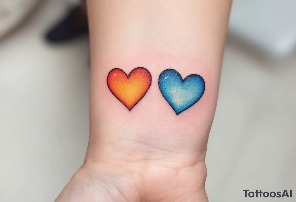 A fiery orange heart on one partner and a cool blue heart on the other, symbolizing passion and calm. tattoo idea