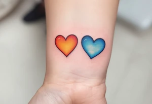 A fiery orange heart on one partner and a cool blue heart on the other, symbolizing passion and calm. tattoo idea