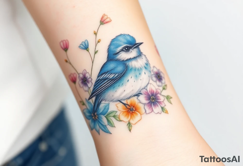 Puffy bluebird surrounded by wild flowers tattoo idea