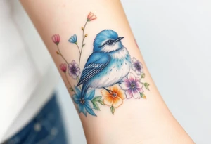 Puffy bluebird surrounded by wild flowers tattoo idea