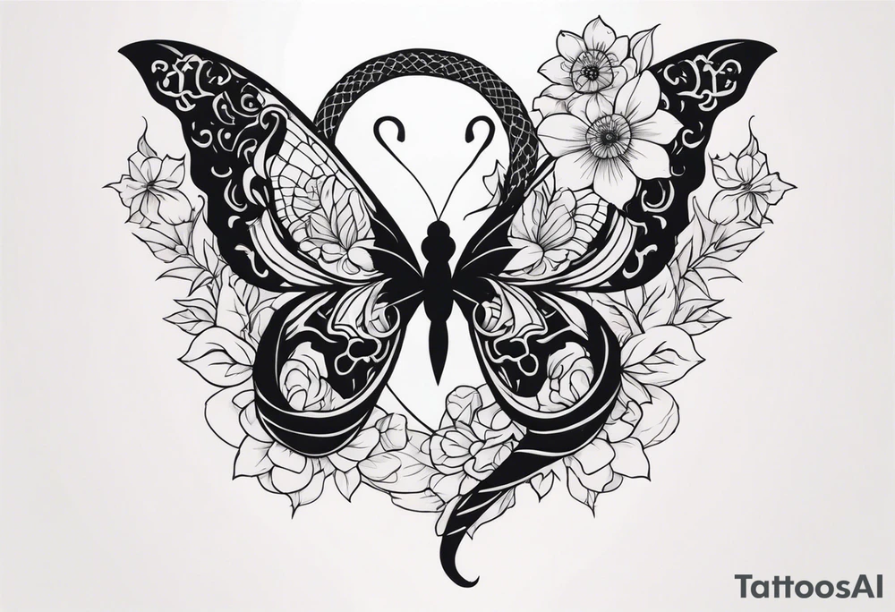 Butterflies with flowers & snake tattoo idea