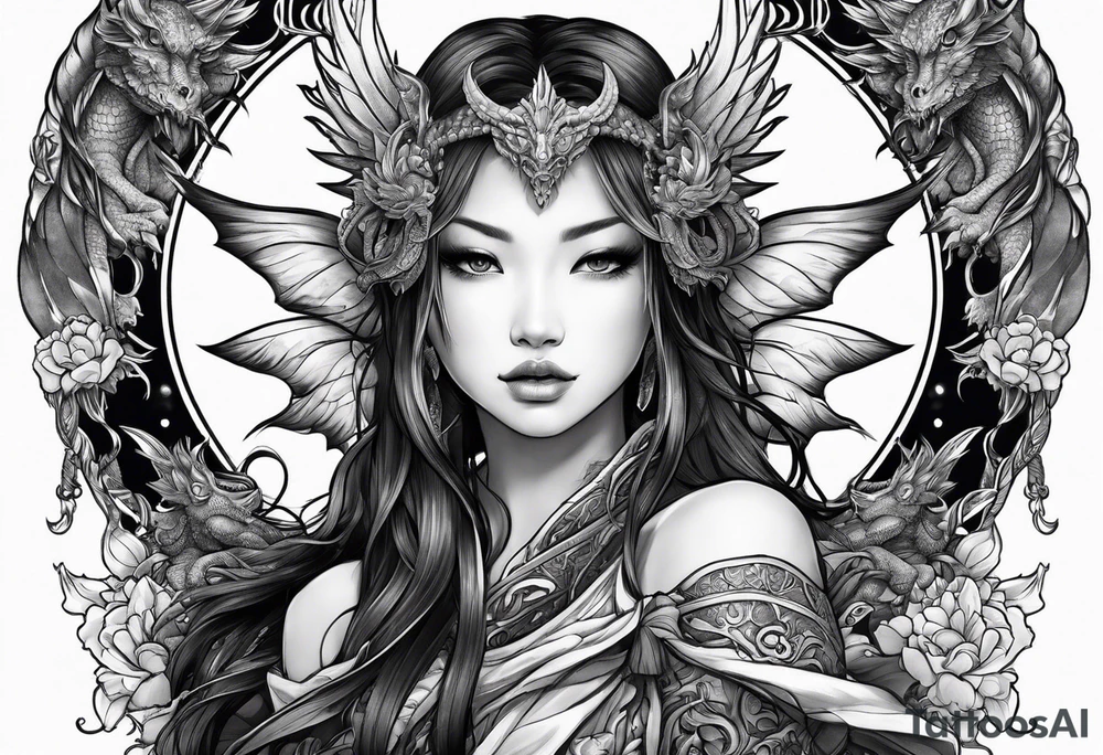 beautiful warrior nymph with wings and a dragon friend tattoo idea