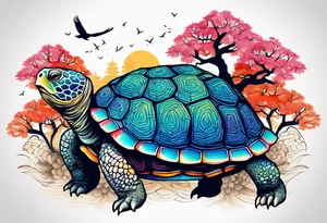 Colourful tortoise with trees tattoo idea