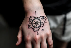 Compass on the back of the palm in the shape of Nigeria with longitude written on the top and latitude written on the bottom. Draw lines from a treasure map connecting from the arm to the tattoo tattoo idea