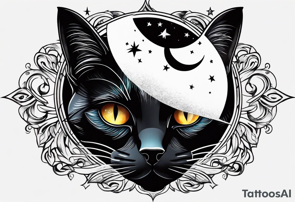Photo realistic black cat head with moon and stars tattoo idea