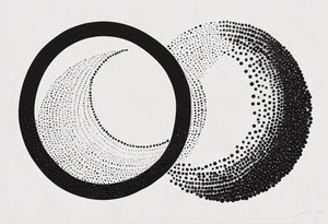 in the style of stick and poke, an open Ensō circle, without the "pointers", just the brush circle - half of it representing light, and the other half representing darkness tattoo idea