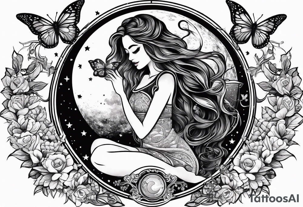 Beautiful woman with butterflies in her long wavy hair sitting on a half moon holding the libra scales with a moon and star background tattoo idea