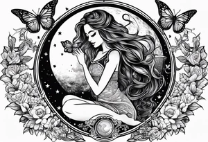 Beautiful woman with butterflies in her long wavy hair sitting on a half moon holding the libra scales with a moon and star background tattoo idea
