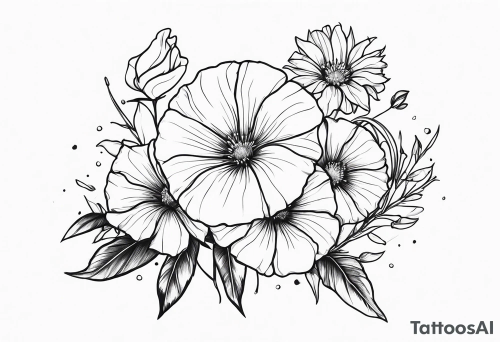 morning glory, and aster flower bouquet tattoo idea