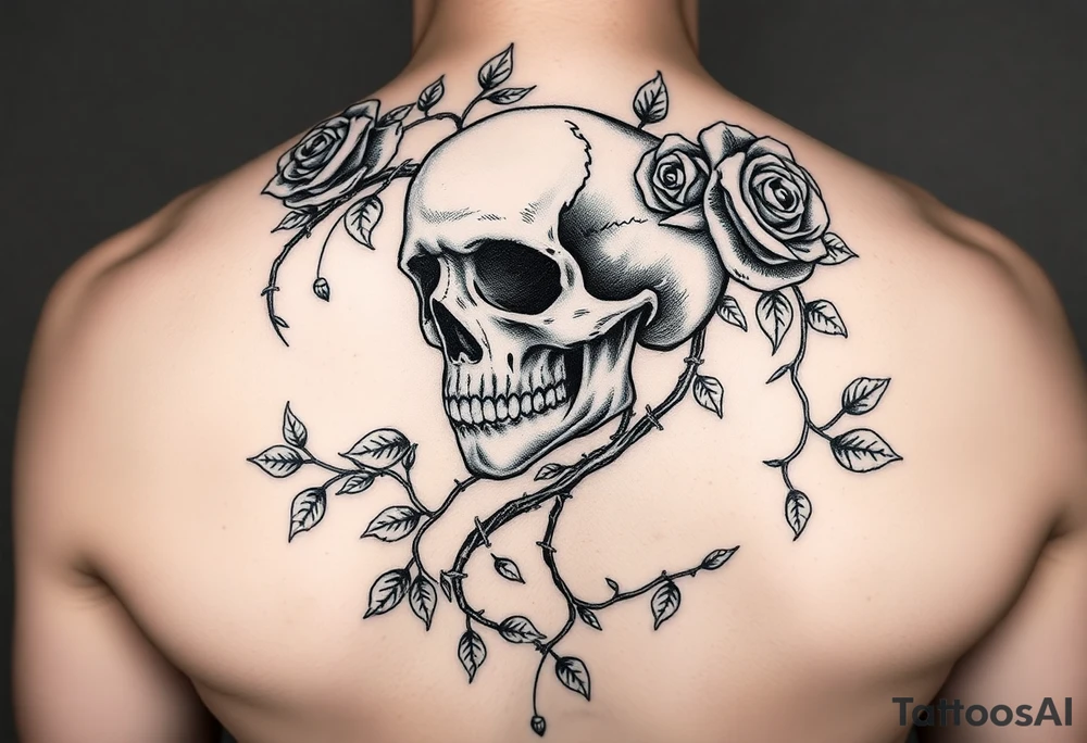 gothic skull intertwined with climbing roses and thorny vines tattoo idea