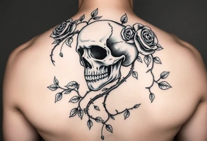gothic skull intertwined with climbing roses and thorny vines tattoo idea