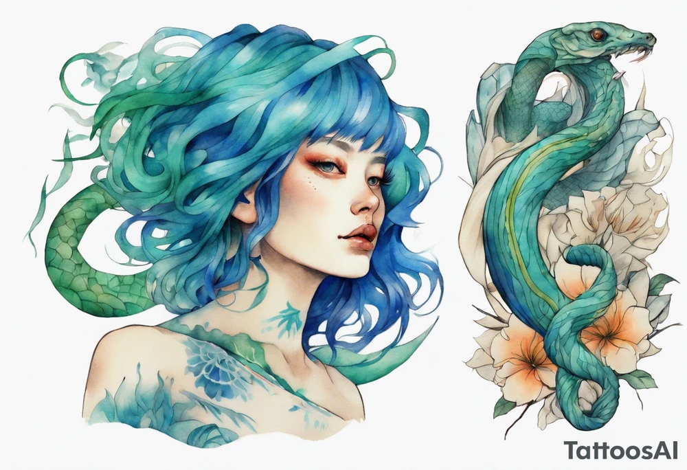 a blue-green lindworm wrapped around a beautiful woman with blue hair tattoo idea
