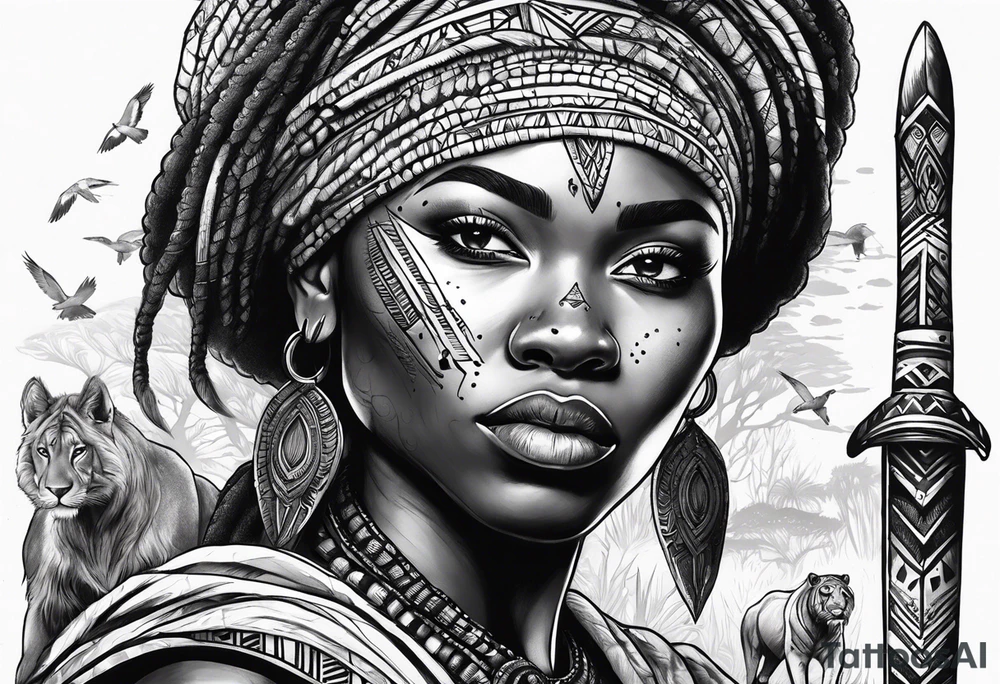 African woman warrior with tribe scars and spear in hand with animals in background tattoo idea