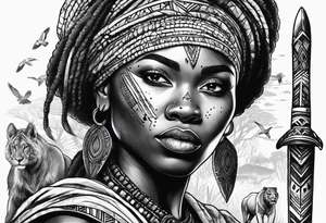 African woman warrior with tribe scars and spear in hand with animals in background tattoo idea