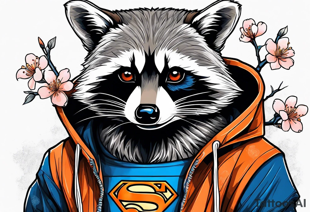 raccoon wearing a black and white Superman hoodie and orange Japanese cherry blossoms tattoo idea