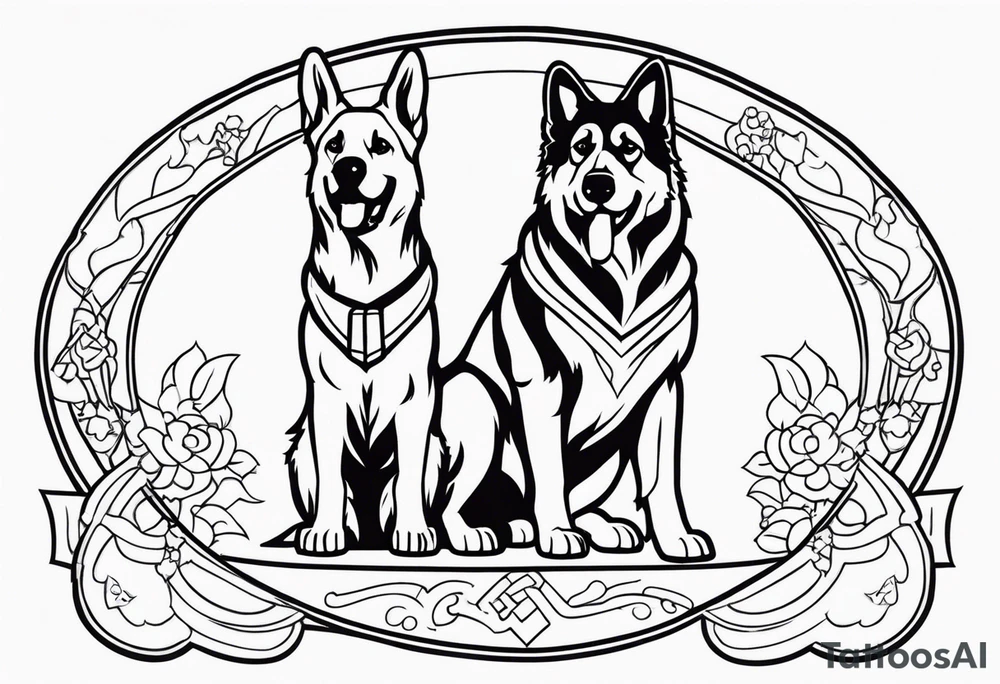 a golden retriever and a german shepherd both in jujitsu gis including belt tattoo idea