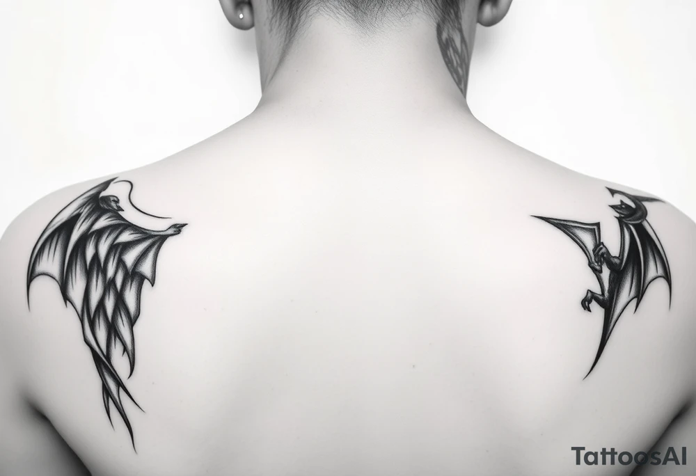 position behind the neck Angel (on the right) whispering in the right ear, demon (on the left) whispering in the left ear. It must be as realistic as possible. tattoo idea