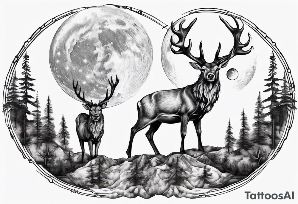 Magical stag with the view of the moon in between its antlers tattoo idea