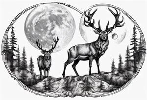 Magical stag with the view of the moon in between its antlers tattoo idea