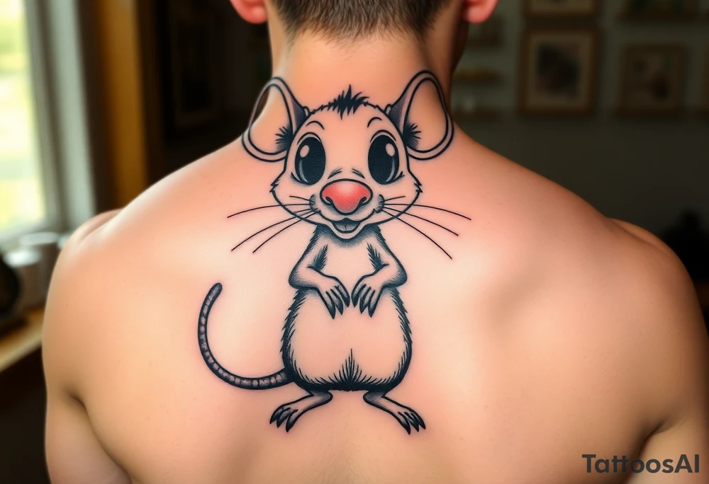 so--try it from the profile...a big head, big eyes, outside the head, big nose
A rat standing uprightwith all his body
Very large, bulging eyes popping out
A cheeky smile
Cartoon style, not baby-like tattoo idea