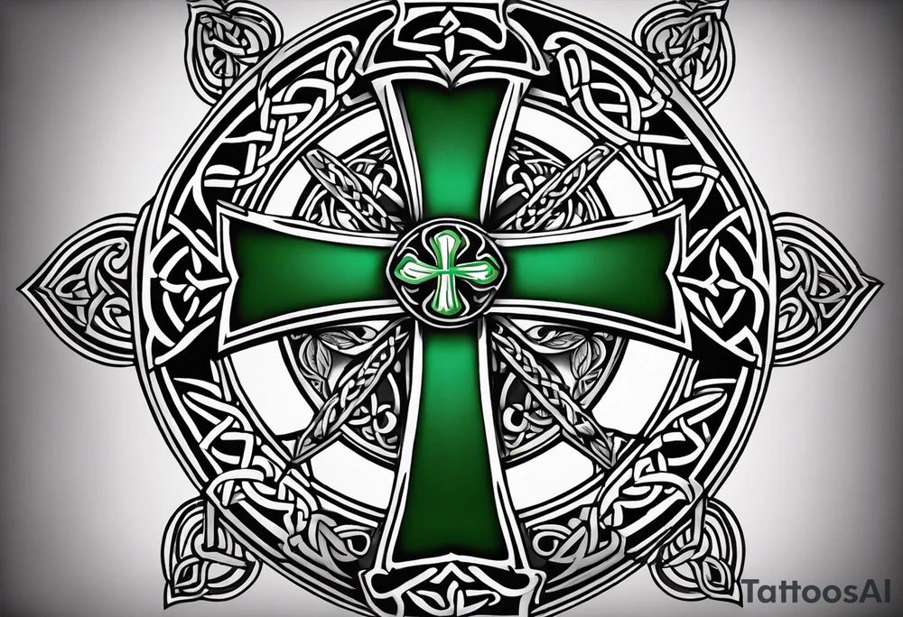 Celtic cross, shamrock in center of cross, one Indian feather hanging from each side arm of cross tattoo idea