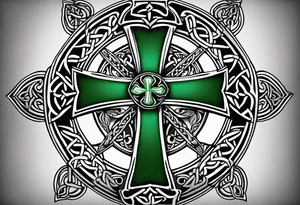 Celtic cross, shamrock in center of cross, one Indian feather hanging from each side arm of cross tattoo idea