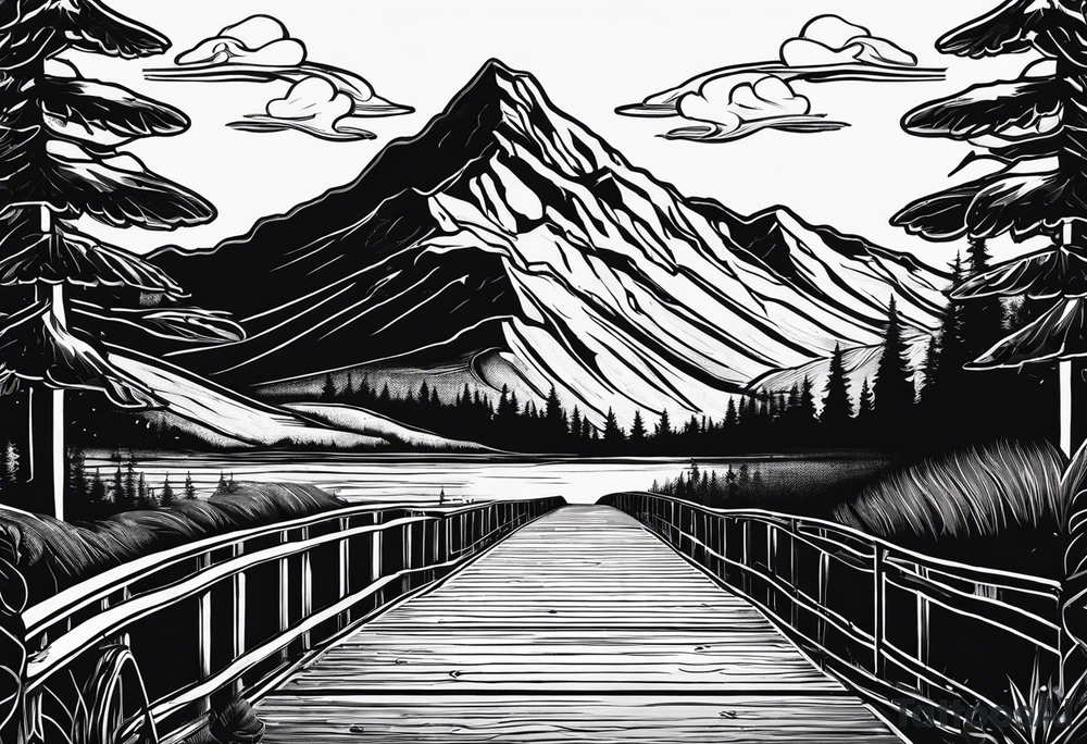 a road that is less traveled with a mountain and lake with the word "Hark" in a banner with a circular design tattoo idea