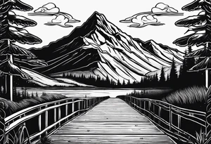 a road that is less traveled with a mountain and lake with the word "Hark" in a banner with a circular design tattoo idea