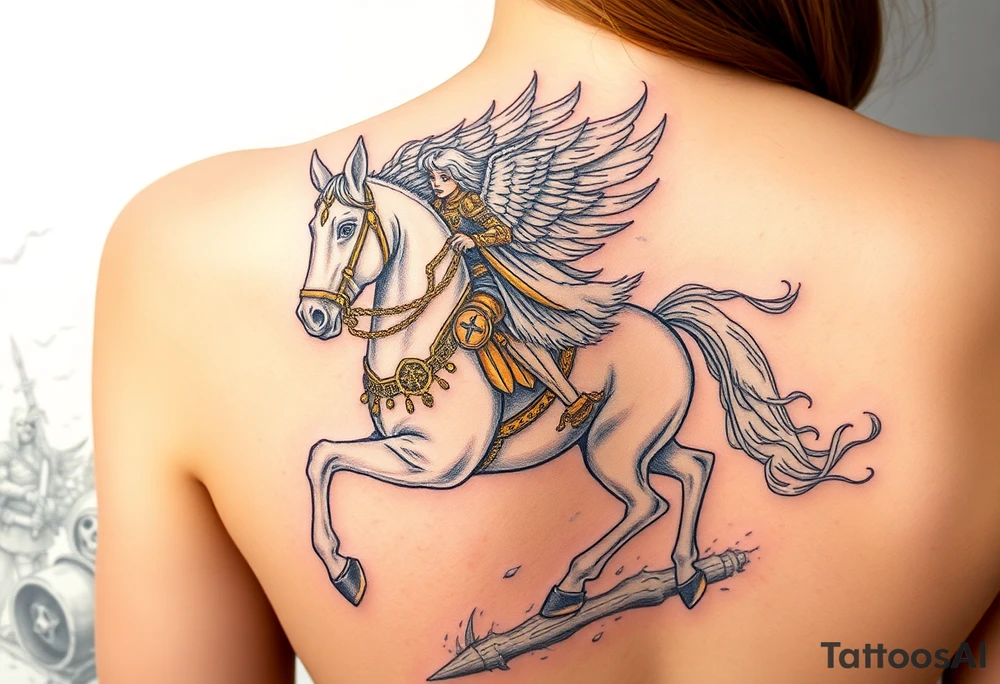 A fierce Valkyrie in golden battle armor, riding a spectral white horse through a battlefield of mist and fallen warriors tattoo idea