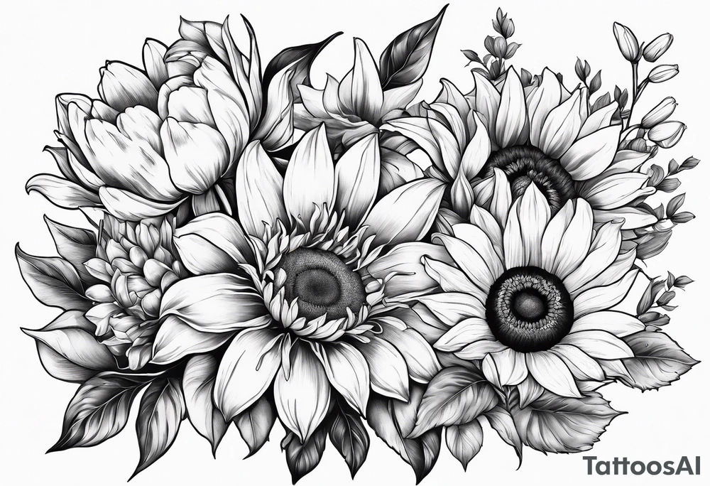 Bouquet of sunflower, lily, peony, cherry blossom and tulip tattoo idea