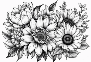 Bouquet of sunflower, lily, peony, cherry blossom and tulip tattoo idea