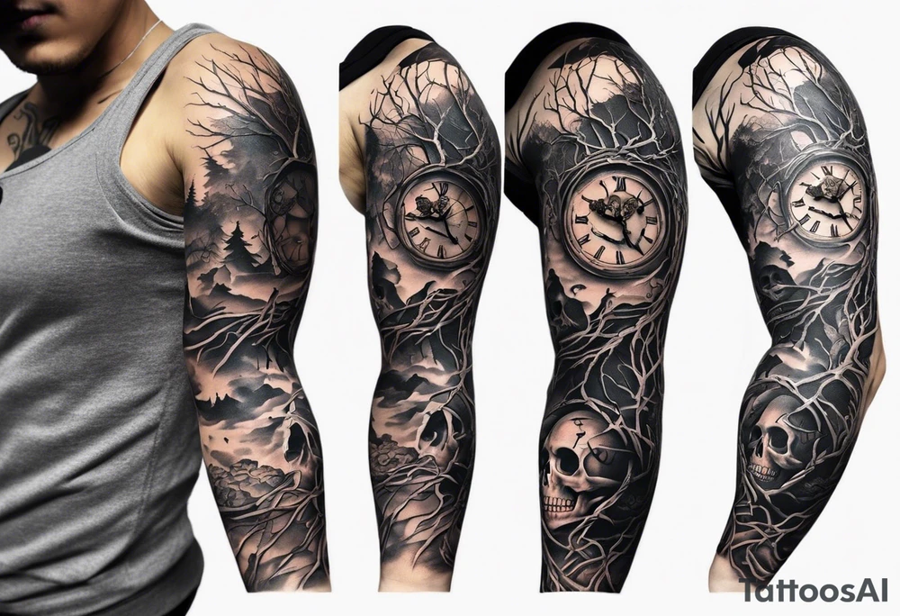 tattoo sleeve, tree roots break out of the chains at the bottom of the hand, Symbolizing loss, an image of a broken mask, Clock with flying numbers, girl, skull, roses tattoo idea