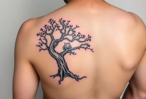 tree wrapped around forearm with adventure time characters Finn, Jake, Princess bubblegum and marceline on the tree in color tattoo idea