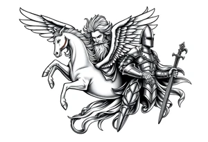 Greek mythology, Zeus with a flying Pegasus and a armored knight sleeve tattoo idea