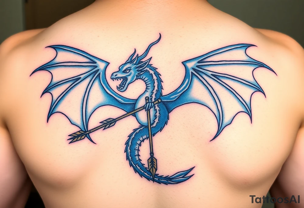 Blue fire breathing dragon with an arrow through its chest and wings spread tattoo idea
