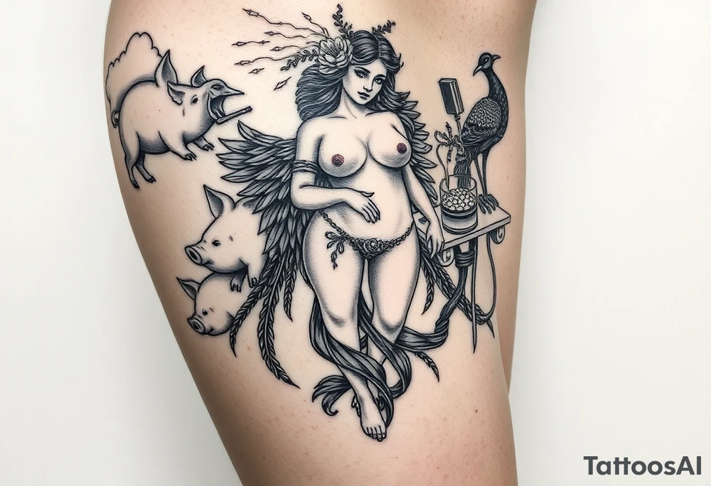 Storm clouds seven deadly sins and sexy naked fat woman, peacock, money ,pig , cigerette, cake, liquor bottle , sex, mirror razor blades, noose, menatar tattoo idea