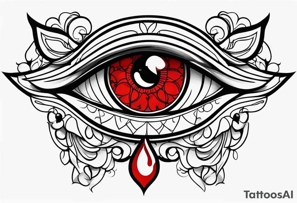 Bleeding tear draining to down from one red symmetrical
eye tattoo design model tattoo idea