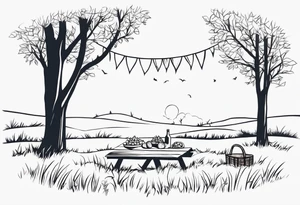 Very light and minimalstic picnic scene on meadow. A blanket with only a picnic-basket with lid on it. Pennants in two trees. Thin lines. tattoo idea