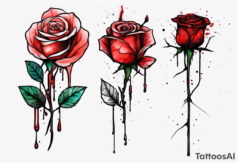 rose flower, one line, red blood dripping from the flower, tall, watercolor, with a T
placed in the stem tattoo idea