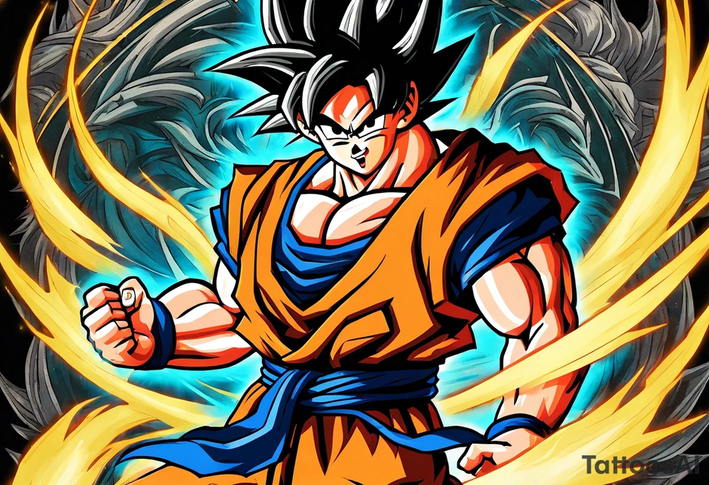 Son-Goku as a super saiyajin . A huge dragonball surrounds the whole scenery. Shadows of Gokus friends are surrounding him. tattoo idea