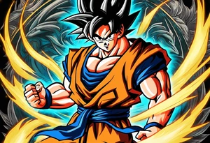 Son-Goku as a super saiyajin . A huge dragonball surrounds the whole scenery. Shadows of Gokus friends are surrounding him. tattoo idea