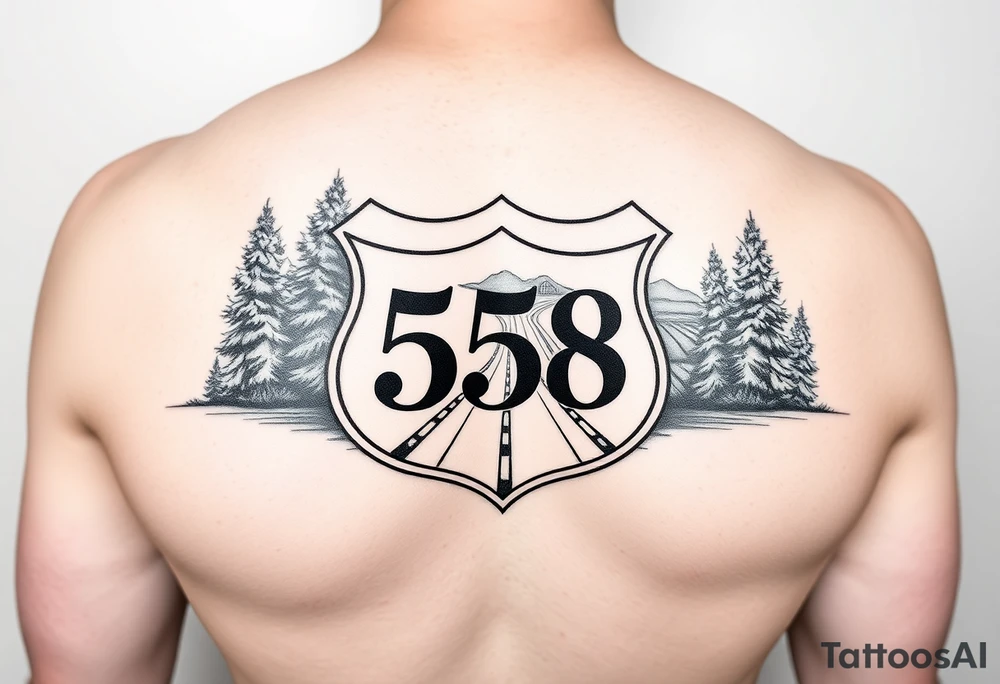 Arm sleeve State Route sign 558, with trees all around and farm in background, road w/ view tattoo idea