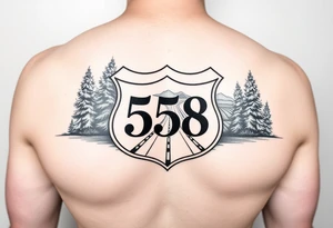 Arm sleeve State Route sign 558, with trees all around and farm in background, road w/ view tattoo idea