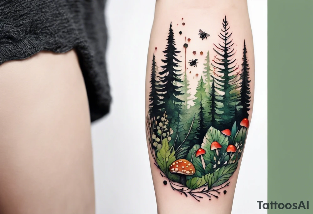 forest floor inspired minimalist tattoo, which includes grass, curly ferns, moss and dead leaves as the bulk of the tattoo. details to include: forest berries, a tiny bumblebee flying nearby, three small brown mushrooms
Generate a vertically long one tattoo idea